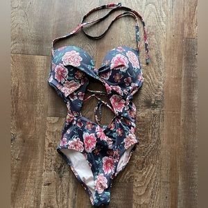 Grey and Pink Floral One-Piece Swim Suit with Cut-Out